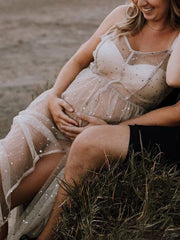 Momyraise Umstandskleider Schlank Mesh Schlitz Drapiert Spaghettiträger Ärmellos Elegant Fotoshooting Coverup-Kleid