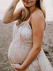 Momyraise Umstandskleider Schlank Mesh Schlitz Drapiert Spaghettiträger Ärmellos Elegant Fotoshooting Coverup-Kleid