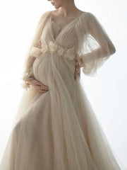 Momyraise Umstandskleider Blumen Mesh Drapiert V-Ausschnitt Langarm Elegant Mode Babybauch Shooting Für Schwangerschaft