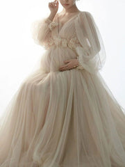 Momyraise Umstandskleider Blumen Mesh Drapiert V-Ausschnitt Langarm Elegant Mode Babybauch Shooting Für Schwangerschaft