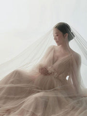 Momyraise Umstandskleider Blumen Mesh Drapiert V-Ausschnitt Langarm Elegant Mode Babybauch Shooting Für Schwangerschaft