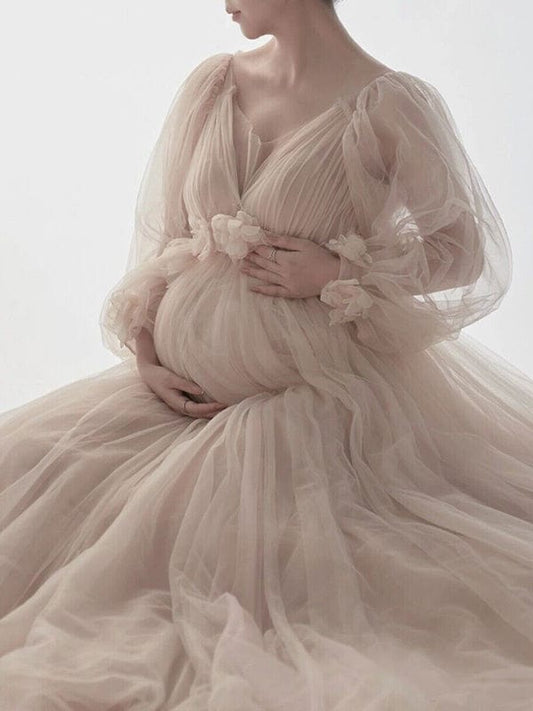 Momyraise Umstandskleider Blumen Mesh Drapiert V-Ausschnitt Langarm Elegant Mode Babybauch Shooting Für Schwangerschaft