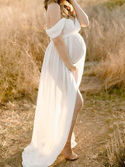 Momyraise Photoshoot Umstandskleider Chiffon Schlitz Drapiert Schulterfreie Boot-Ausschnitt Elegant Für Schwangerschaft Maxi Kleider