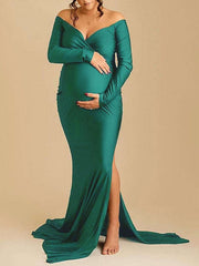 Momyraise Umstandskleider Dünn Volltonfarbe Seitenschlitz Fischschwanz V-Ausschnitt Langarm Aktuelles Für Schwangerschaft