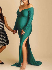 Momyraise Umstandskleider Dünn Volltonfarbe Seitenschlitz Fischschwanz V-Ausschnitt Langarm Aktuelles Für Schwangerschaft