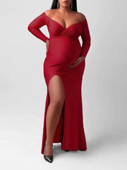 Momyraise Umstandskleider Dünn Volltonfarbe Seitenschlitz Fischschwanz V-Ausschnitt Langarm Aktuelles Für Schwangerschaft