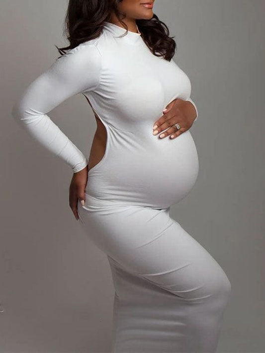 Momyraise Umstandskleider Enges Cut Out Rückenfrei Langarm Elegant Studio Babybauch Shooting