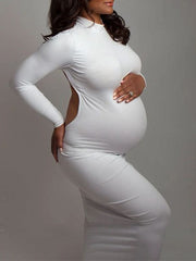 Momyraise Umstandskleider Enges Cut Out Rückenfrei Langarm Elegant Studio Babybauch Shooting