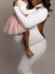 Momyraise Umstandskleider Enges Cut Out Rückenfrei Langarm Elegant Studio Babybauch Shooting