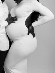 Momyraise Umstandskleider Enges Cut Out Rückenfrei Langarm Elegant Studio Babybauch Shooting