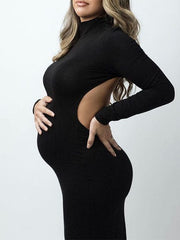 Momyraise Umstandskleider Enges Cut Out Rückenfrei Langarm Elegant Studio Babybauch Shooting