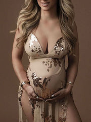 Momyraise Babybauch Shooting Kleid Doppelspalt Pailletten Rückenfrei Spaghettiträger Elegant Für Schwangerschaft