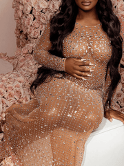 Momyraise Umstandskleider Mesh Schlitz Strass Rundhals Langarm Elegant Mode Babybauch Shooting Für Schwangerschaft