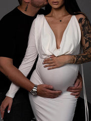 Momyraise Umstandskleider Enges Fischschwanz One Shoulder Tiefer V-Ausschnitt Keulenärmel Elegant Mode Abend Braut Babybauch Shooting