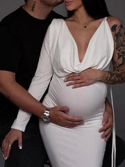 Momyraise Umstandskleider Enges Fischschwanz One Shoulder Tiefer V-Ausschnitt Keulenärmel Elegant Mode Abend Braut Babybauch Shooting