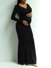 Momyraise Umstandskleider Enges Fischschwanz One Shoulder Tiefer V-Ausschnitt Keulenärmel Elegant Mode Abend Braut Babybauch Shooting