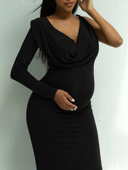 Momyraise Umstandskleider Enges Fischschwanz One Shoulder Tiefer V-Ausschnitt Keulenärmel Elegant Mode Abend Braut Babybauch Shooting