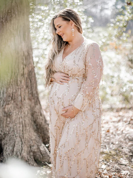 Momyraise Umstandskleider Fransen Pailletten Tiefe V Rückenfreies Bishop Ärmel Elegant Mode Fotoshooting Babybauch