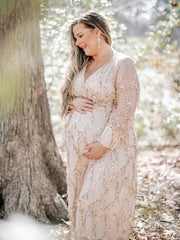 Momyraise Umstandskleider Fransen Pailletten Tiefe V Rückenfreies Bishop Ärmel Elegant Mode Fotoshooting Babybauch