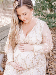 Momyraise Umstandskleider Fransen Pailletten Tiefe V Rückenfreies Bishop Ärmel Elegant Mode Fotoshooting Babybauch