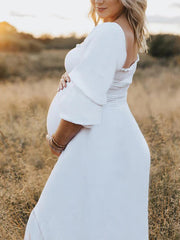 Momyraise Umstandskleider Geblümt Blümchen Chiffon Bandeau Quadratischem Kragen Langarm Täglich Süße Boho Beiläufige Fotoshooting