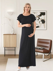 Momyraise Umstandskleider Rüschen Volants Boot-Ausschnitt Elegant Beiläufige Mode Fotoshooting Babybauch Shooting