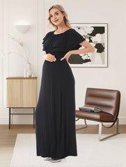 Momyraise Umstandskleider Rüschen Volants Boot-Ausschnitt Elegant Beiläufige Mode Fotoshooting Babybauch Shooting