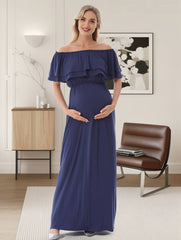 Momyraise Umstandskleider Rüschen Volants Boot-Ausschnitt Elegant Beiläufige Mode Fotoshooting Babybauch Shooting