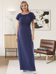 Momyraise Umstandskleider Rüschen Volants Boot-Ausschnitt Elegant Beiläufige Mode Fotoshooting Babybauch Shooting