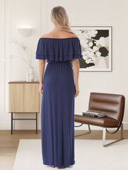 Momyraise Umstandskleider Rüschen Volants Boot-Ausschnitt Elegant Beiläufige Mode Fotoshooting Babybauch Shooting