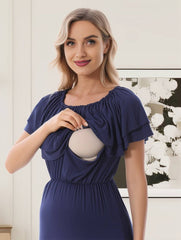 Momyraise Umstandskleider Rüschen Volants Boot-Ausschnitt Elegant Beiläufige Mode Fotoshooting Babybauch Shooting