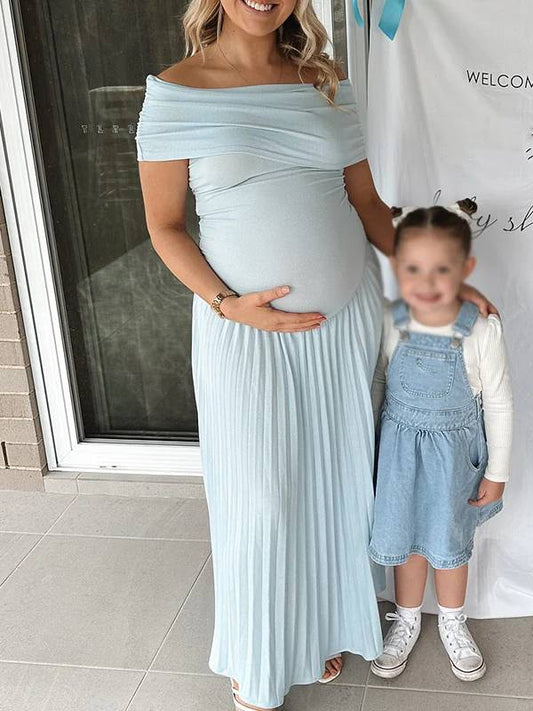 Momyraise Umstandskleider Raffungen Plissee Schulterfreie Kurzärm Elegant Täglich Ausgehabend Babybauch Shooting
