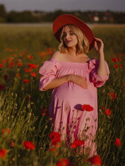 Momyraise Umstandskleider Rüschen Volants Quadratischem Kragen Puffärmel Kurzärm Lose Süße Abend Fotoshooting Babybauch Kleider