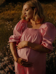 Momyraise Umstandskleider Rüschen Volants Quadratischem Kragen Puffärmel Kurzärm Lose Süße Abend Fotoshooting Babybauch Kleider