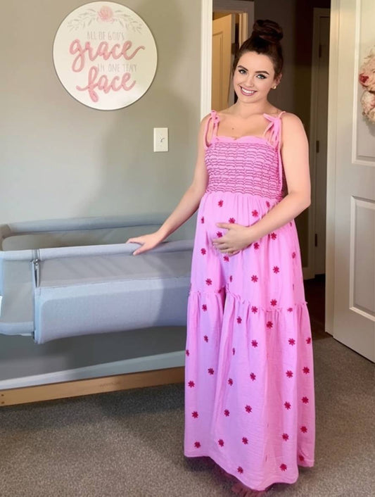 Momyraise Umstandskleider Sonnenblumendruck Rüschen Stickerei Spaghettiträger Ärmellos Elegant Täglich Strand Urlaub