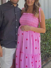 Momyraise Umstandskleider Sonnenblumendruck Rüschen Stickerei Spaghettiträger Ärmellos Elegant Täglich Strand Urlaub