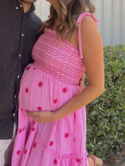 Momyraise Umstandskleider Sonnenblumendruck Rüschen Stickerei Spaghettiträger Ärmellos Elegant Täglich Strand Urlaub