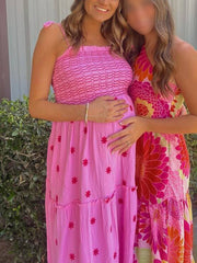 Momyraise Umstandskleider Sonnenblumendruck Rüschen Stickerei Spaghettiträger Ärmellos Elegant Täglich Strand Urlaub