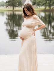 Momyraise Umstandskleider Elasthan Plissee Schulterfreie Boot-Ausschnitt Elegant Mode Abend Strand Urlaub Babybauch Shooting