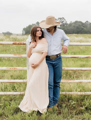 Momyraise Umstandskleider Elasthan Plissee Schulterfreie Boot-Ausschnitt Elegant Mode Abend Strand Urlaub Babybauch Shooting