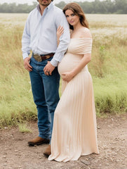 Momyraise Umstandskleider Elasthan Plissee Schulterfreie Boot-Ausschnitt Elegant Mode Abend Strand Urlaub Babybauch Shooting