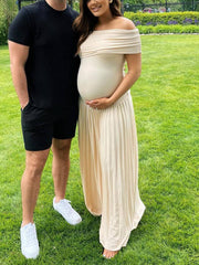 Momyraise Umstandskleider Plissee Schulterfreie Elegant Täglich Lässig Ausgehabend Strand Urlaub Fotoshooting