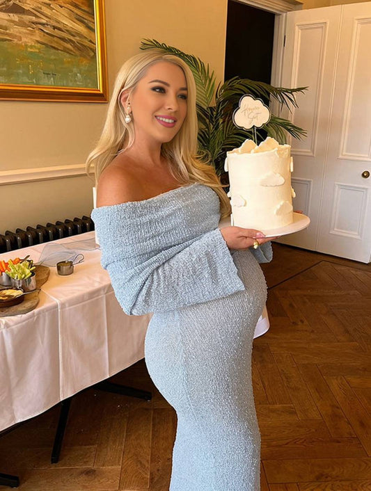 Momyraise Umstandskleider Dünn Volltonfarbe Knit Schulterfreie Langarm Elegant Ausgehabend Strand Fotoshooting Kleider