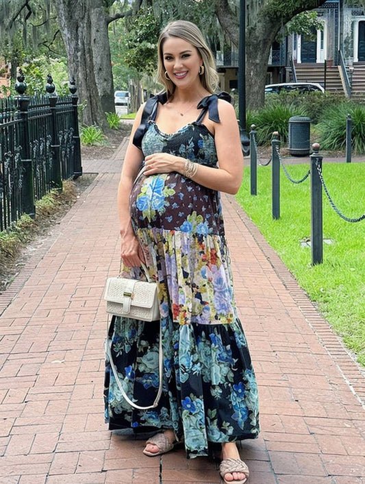 Momyraise Umstandskleider Blumendruc Geblümt Volants Knoten Bandeau Spaghettiträger Ärmellos Boho Vintage Abend Strand