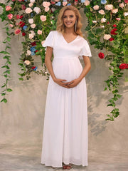 Momyraise Umstandskleider Schlank V-Ausschnitt Mesh Drapiert Mehrlagige Ärmel Kurzärm Elegant Mode Braut Babybauch Shooting