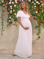 Momyraise Umstandskleider Schlank V-Ausschnitt Mesh Drapiert Mehrlagige Ärmel Kurzärm Elegant Mode Braut Babybauch Shooting