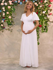 Momyraise Umstandskleider Schlank V-Ausschnitt Mesh Drapiert Mehrlagige Ärmel Kurzärm Elegant Mode Braut Babybauch Shooting