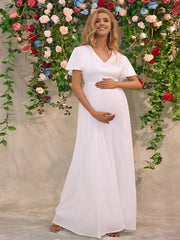 Momyraise Umstandskleider Schlank V-Ausschnitt Mesh Drapiert Mehrlagige Ärmel Kurzärm Elegant Mode Braut Babybauch Shooting