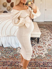 Momyraise Umstandskleider Schlank Patchwork Rüschen Schulterfreie Boot-Ausschnitt Langarm Mode Für Schwangerschaft