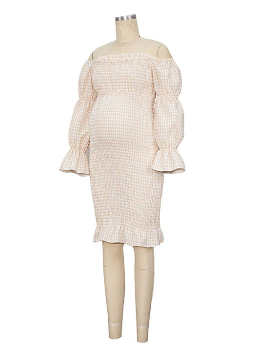 Momyraise Umstandskleider Schlank Patchwork Rüschen Schulterfreie Boot-Ausschnitt Langarm Mode Für Schwangerschaft